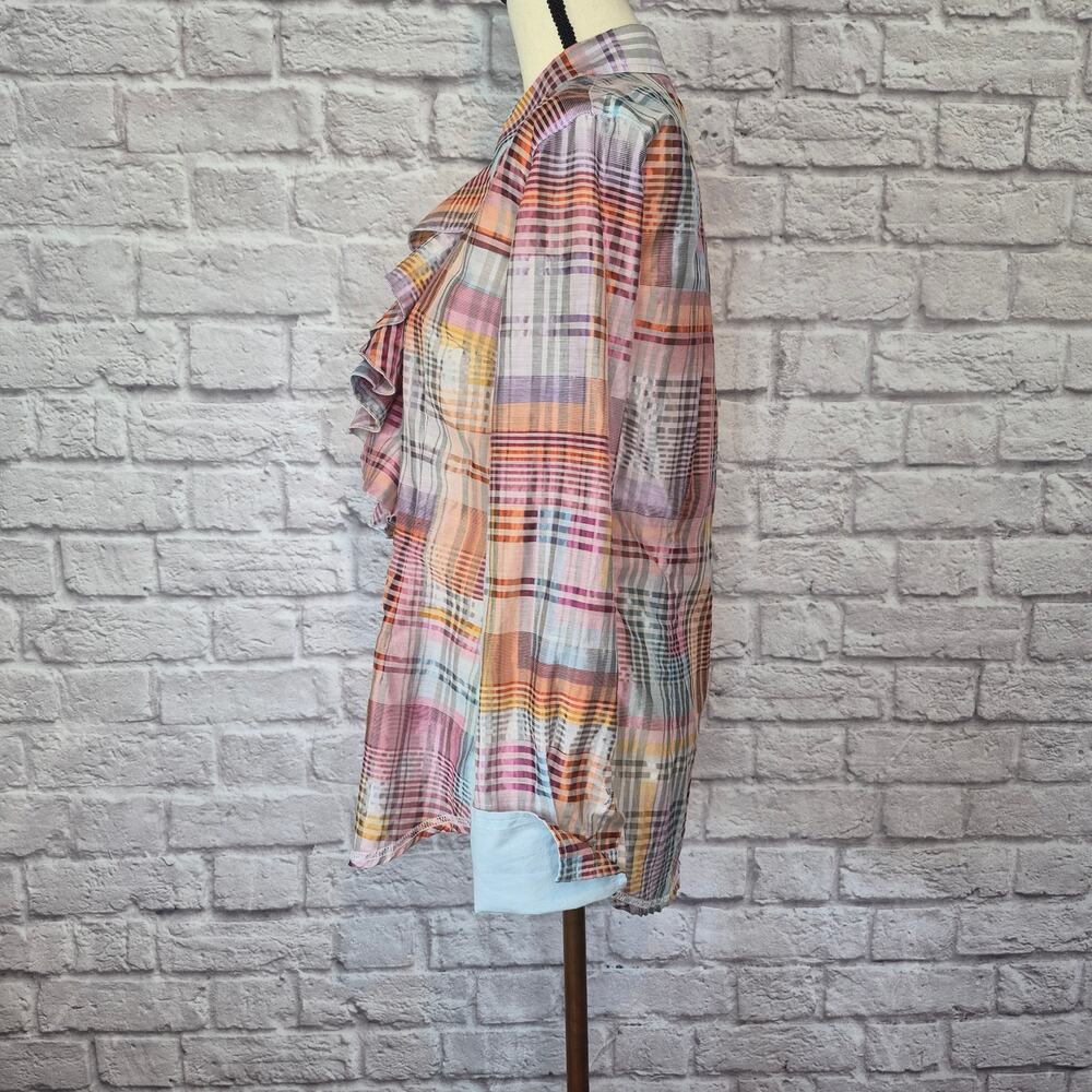 Georg Roth LA Rainbow Plaid Ruffle Front Cotton Blend Button Down Blouse Size M - Picture 7 of 10